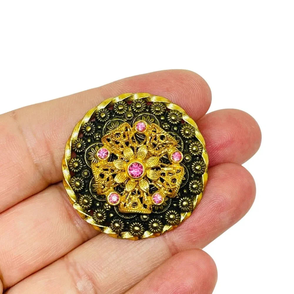 Vintage CZECHO signed gold plated pink rhinestones brooch